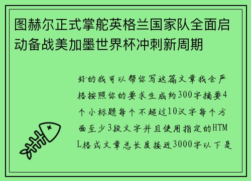 图赫尔正式掌舵英格兰国家队全面启动备战美加墨世界杯冲刺新周期 图赫尔正式掌舵英格兰国家队全面启动备战美加墨世界杯冲刺新周期