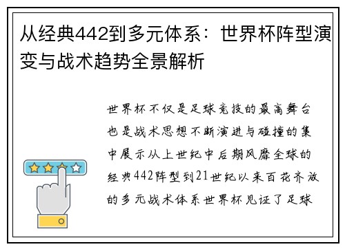 从经典442到多元体系:世界杯阵型演变与战术趋势全景解析 从经典442到多元体系:世界杯阵型演变与战术趋势全景解析
